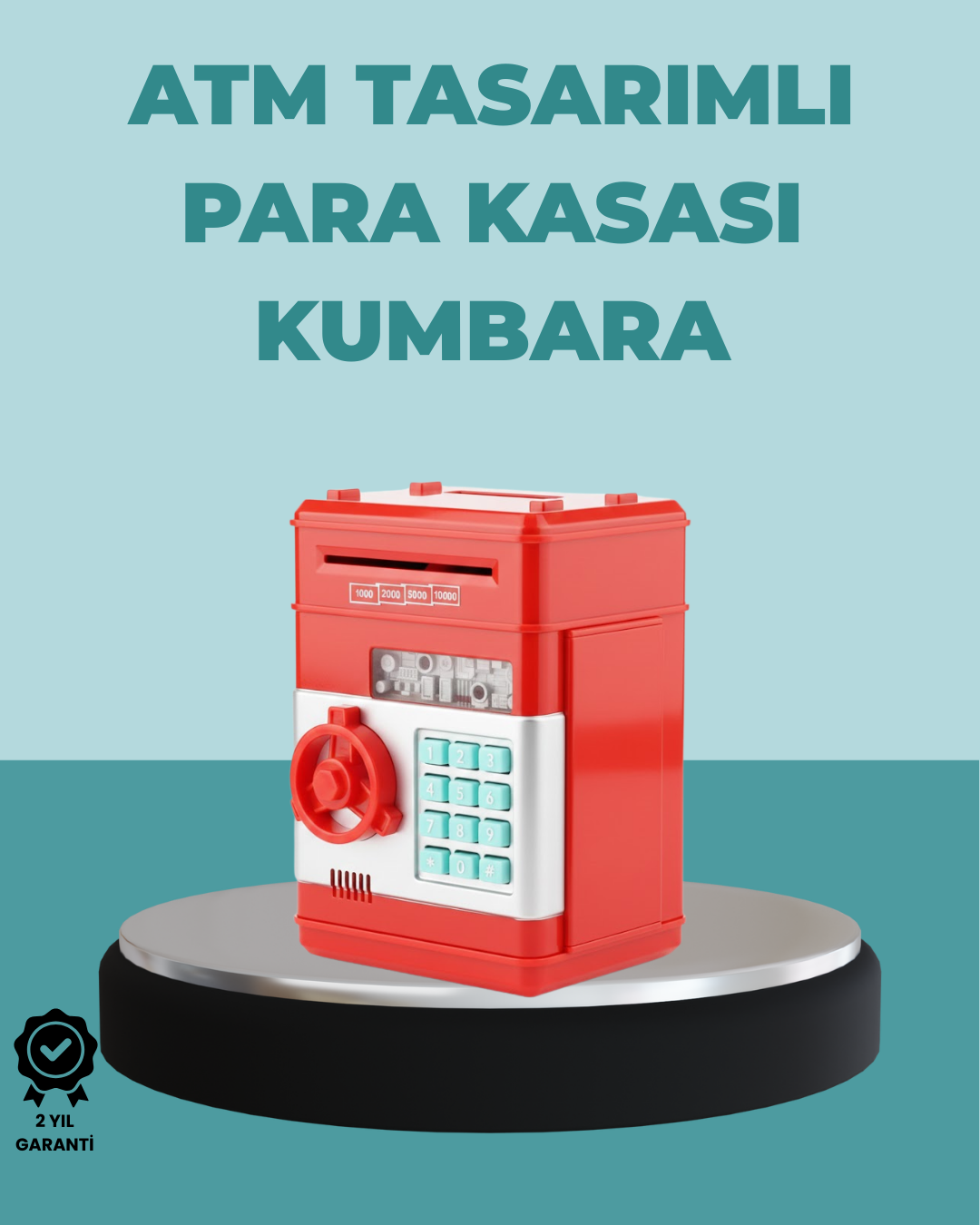 Şifreli Kırmızı ATM Tasarımlı Çelik Kasa Görünümlü Kumbara - Lisinya