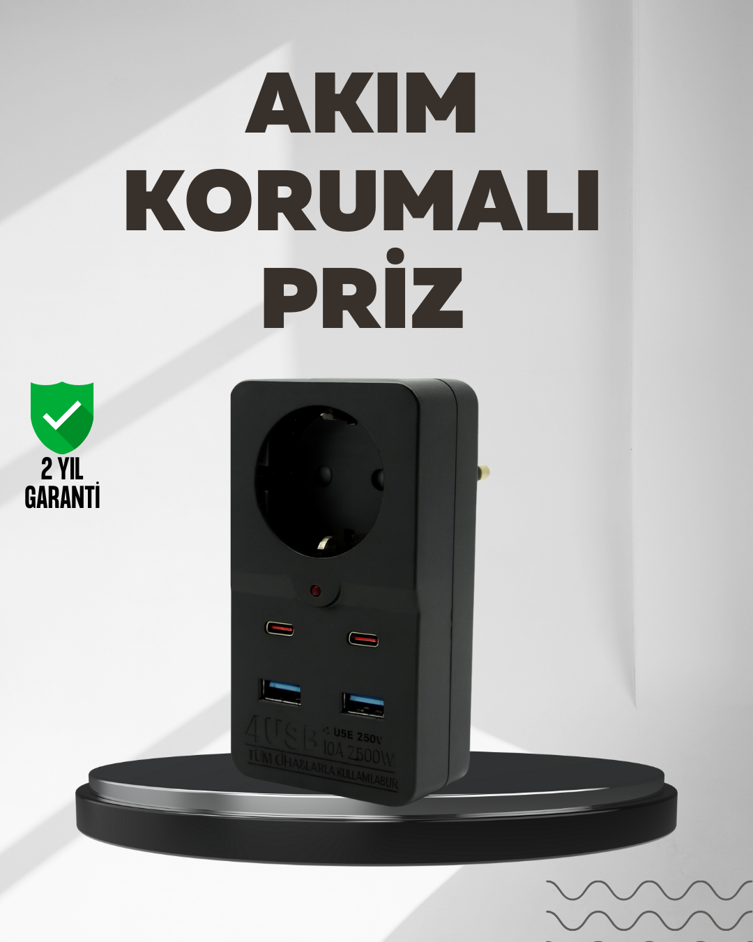 Tip Akım Koruma Prizi 10A 2500W USB Type C Destekli - Lisinya