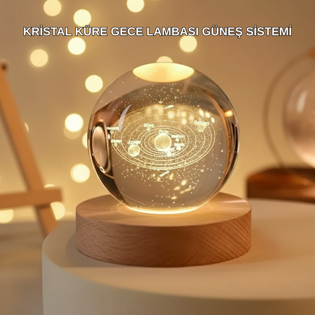 USB Bağlantılı Işıklı Kristal Küre Modern Ahşap Tabanlı Dekor - Lisinya
