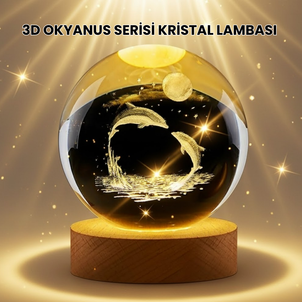 Lazer İşlemeli Yunus Kristal Küre Sıcak Işıklı Ahşap Standlı - Lisinya
