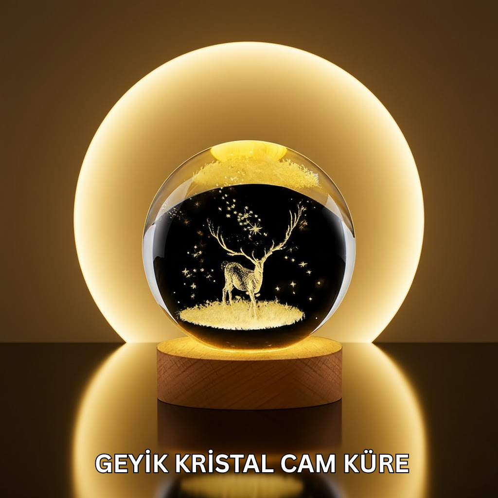 Doğal Ahşap Standlı Geyik Figürlü Kristal Küre LED Dekoratif Lamba - Lisinya
