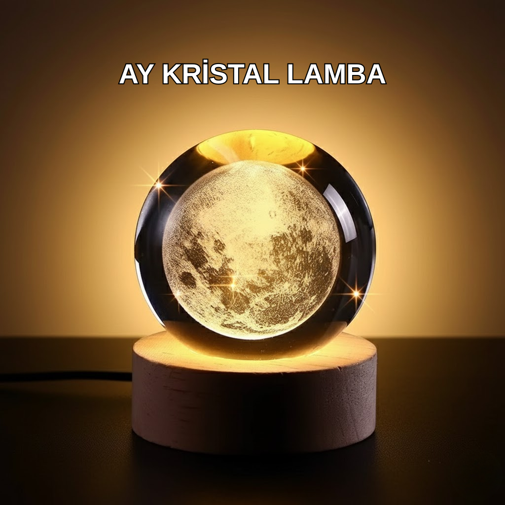 Ay Temalı Kristal Küre Gece Lambası LED Aydınlatmalı Premium Dekor - Lisinya