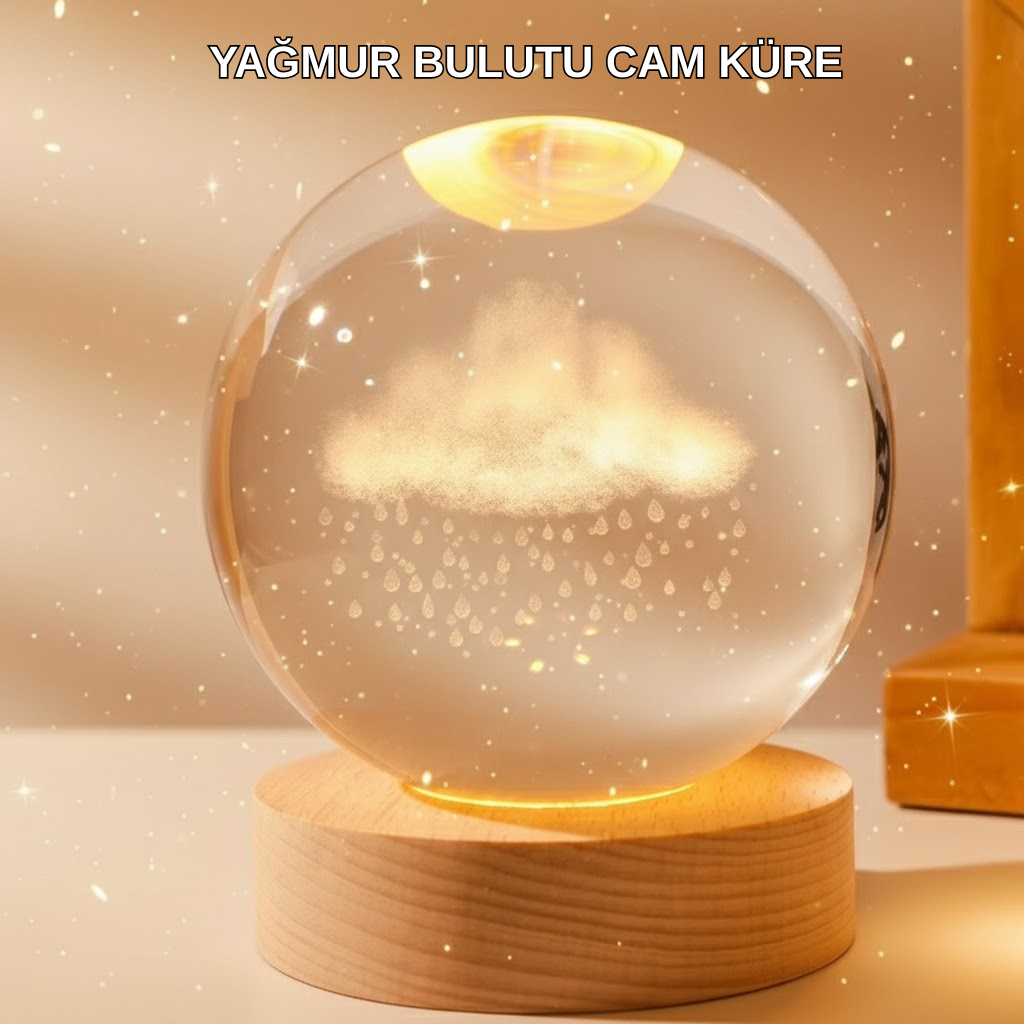 8 cm 3D Yağmur Bulutu Kristal Küre LED Gece Lambası Ahşap Standlı Tasarım Lamba - Lisinya