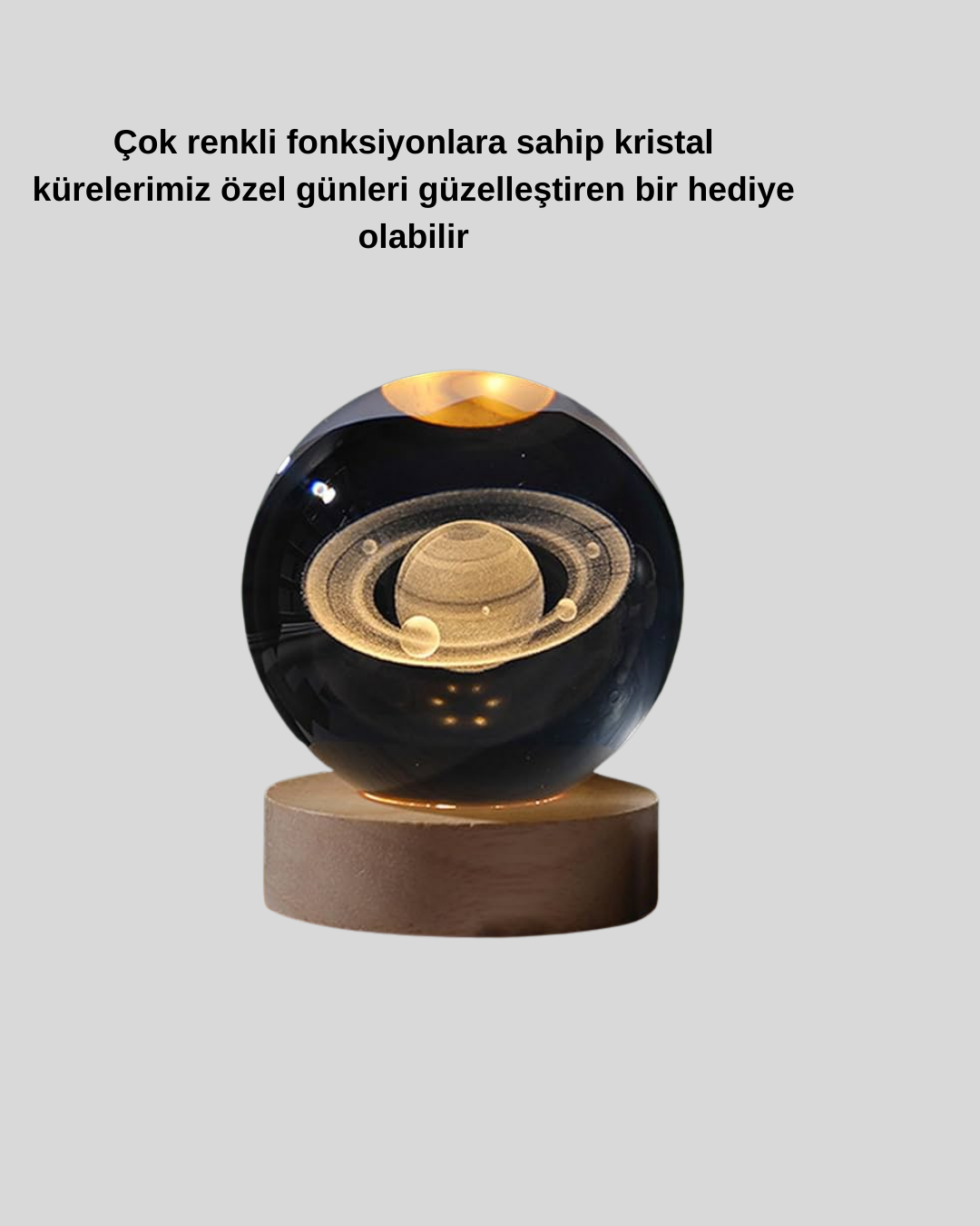 Ahşap Tabanlı 3D Satürn Kristal Küre Atmosfer Lambası - Lisinya
