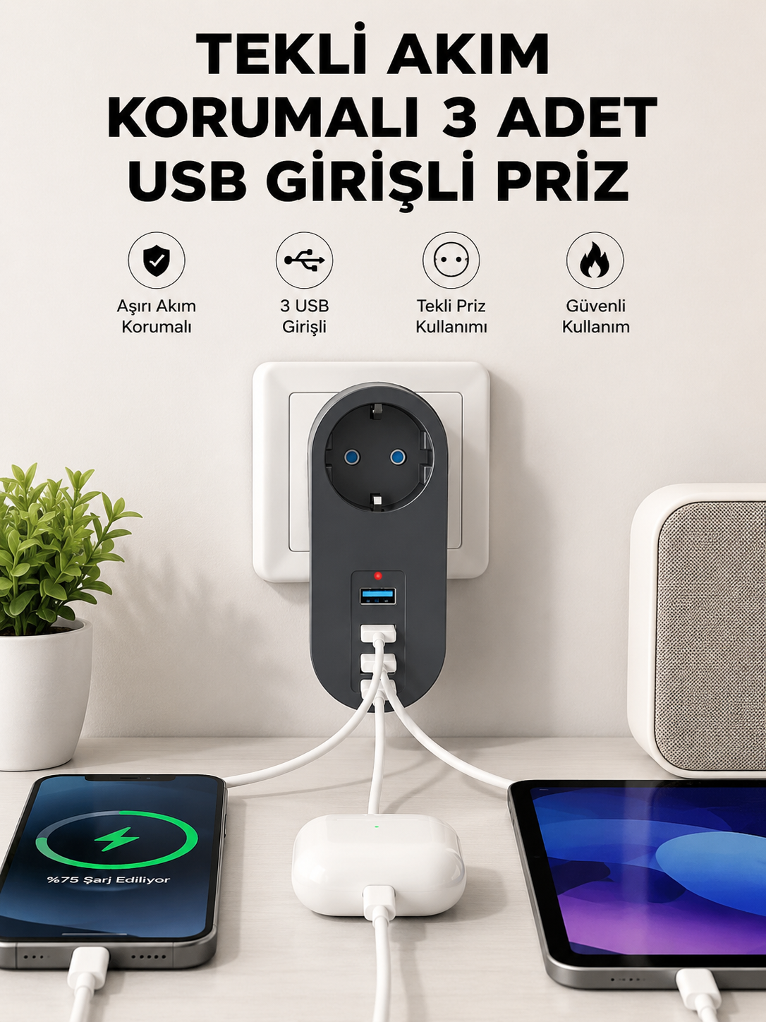 Isıya Dayanıklı 3 USB Portlu Güvenlikli Priz – Akıllı Enerji Yönetimi - Lisinya Isıya Dayanıklı 3 USB Portlu Güvenlikli Priz – Akıllı Enerji Yönetimi - Lisinya