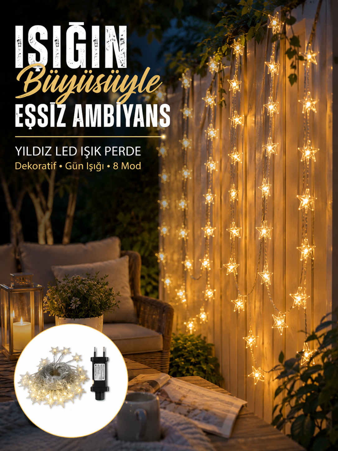 Dekoratif Yıldız Led Aydınlatma 20 Ledli 5 Metre Günışığı - Lisinya