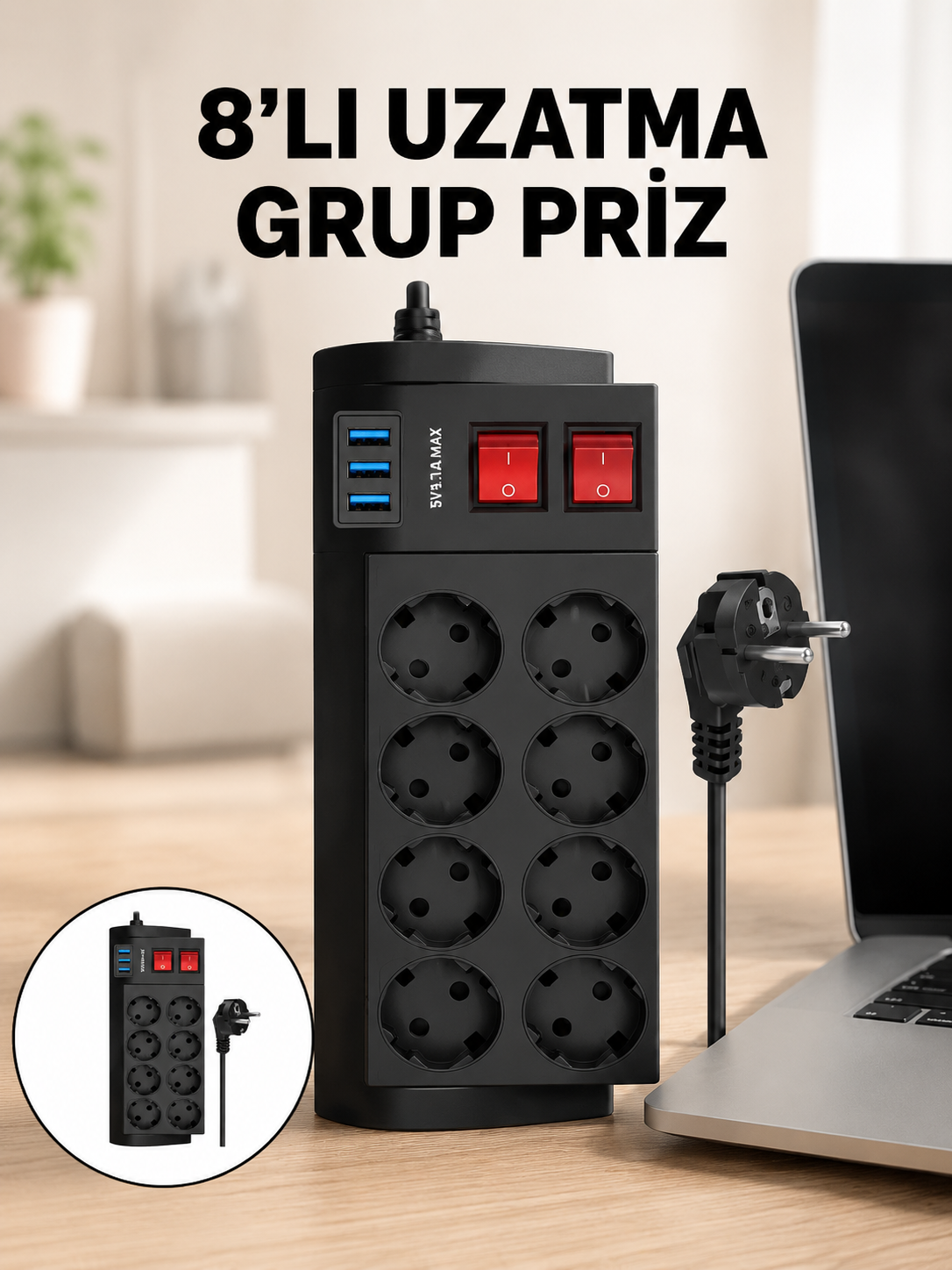 2 Metre Güçlü Çoklu Priz 8 Soket - Lisinya 2 Metre Güçlü Çoklu Priz 8 Soket - Lisinya