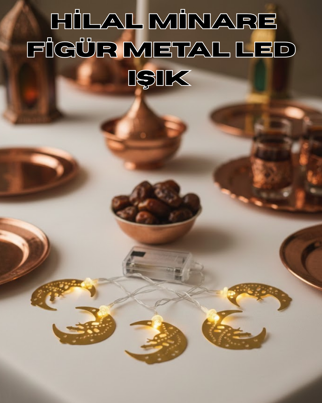 Minareli Hilal LED Işık Gold Metal Gövdeli Pilli Ramazan Dekoru - Lisinya Minareli Hilal LED Işık Gold Metal Gövdeli Pilli Ramazan Dekoru - Lisinya