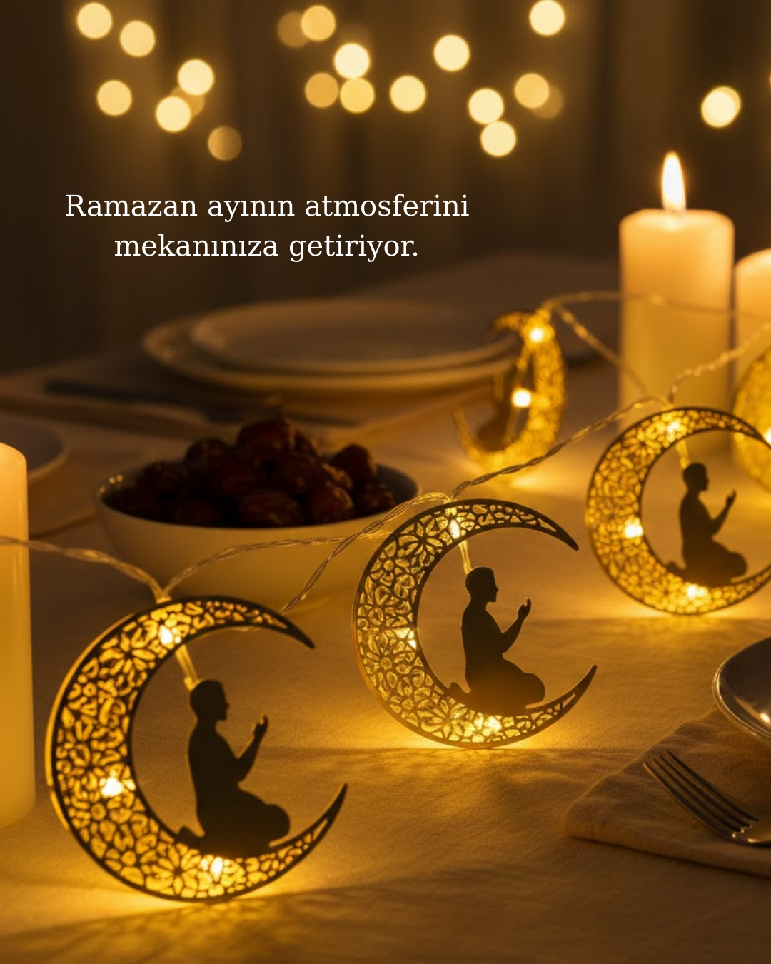 Ay ve Secde Tasarımlı Sıcak Beyaz LED Ramazan Işığı - Lisinya