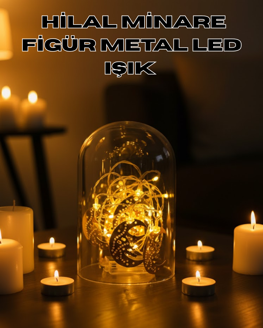 Ramazan Minare Detaylı Hilal LED Işık Günışığı Sarı Metal Süs - Lisinya Ramazan Minare Detaylı Hilal LED Işık Günışığı Sarı Metal Süs - Lisinya