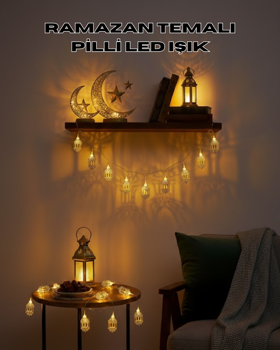 Altın Fener Detaylı Pilli Ramazan LED Işık Ev Dekorasyonu - Lisinya Altın Fener Detaylı Pilli Ramazan LED Işık Ev Dekorasyonu - Lisinya