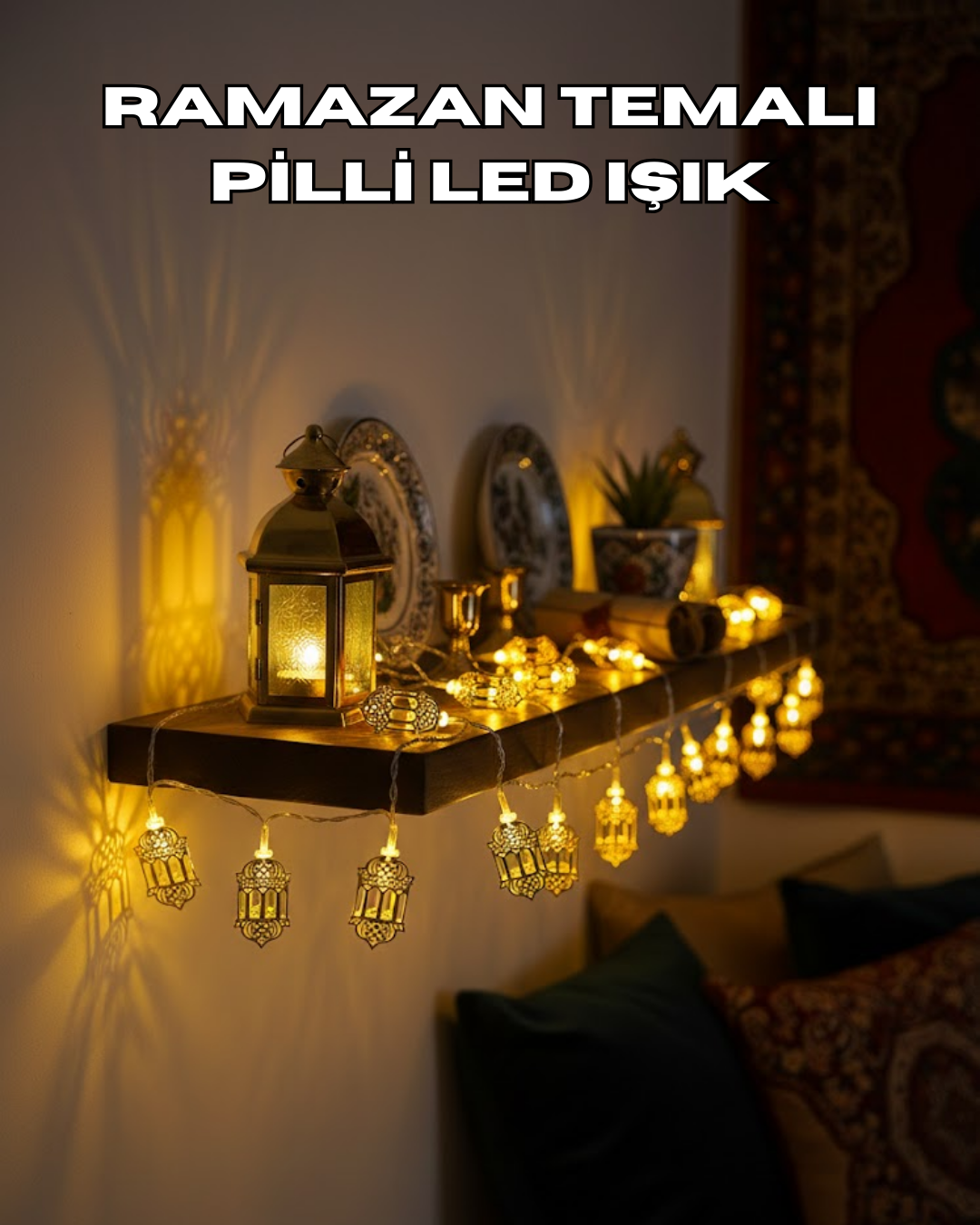 Pilli Altın Fenerli Ramazan Işıkları Dekoratif LED Zincir - Lisinya Pilli Altın Fenerli Ramazan Işıkları Dekoratif LED Zincir - Lisinya