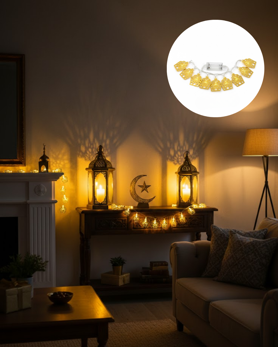Ev Dekoru İçin Ramazan LED Işık Pilli Sıcak Sarı Cami Figürlü - Lisinya