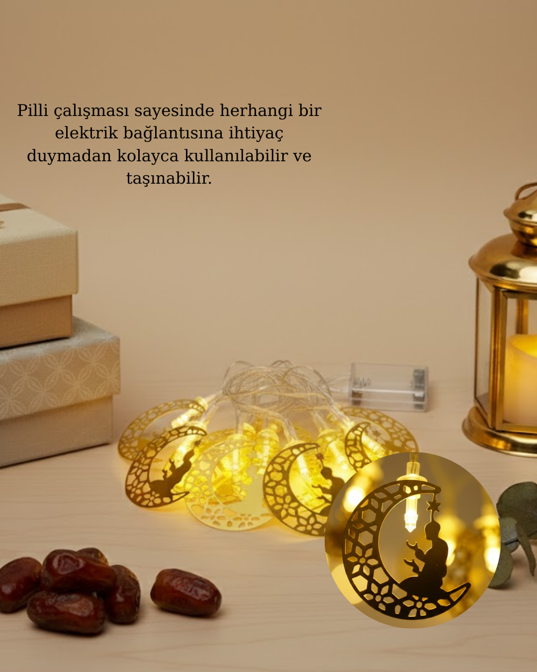 Ay ve Secde Tasarımlı Sıcak Beyaz LED Ramazan Işığı - Lisinya