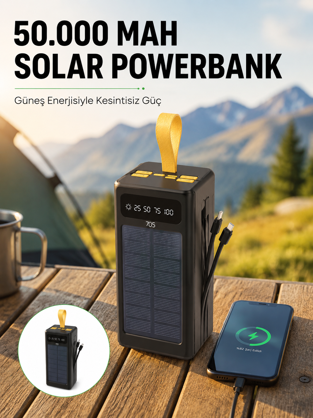 Güneş Enerjili Powerbank Dijital Göstergeli Taşınabilir Güç Kaynağı - Lisinya