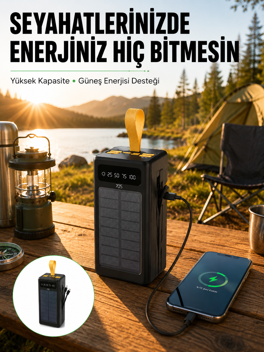Taşınabilir Güneş Panelli Powerbank Çoklu Cihaz Şarj Destekli - Lisinya