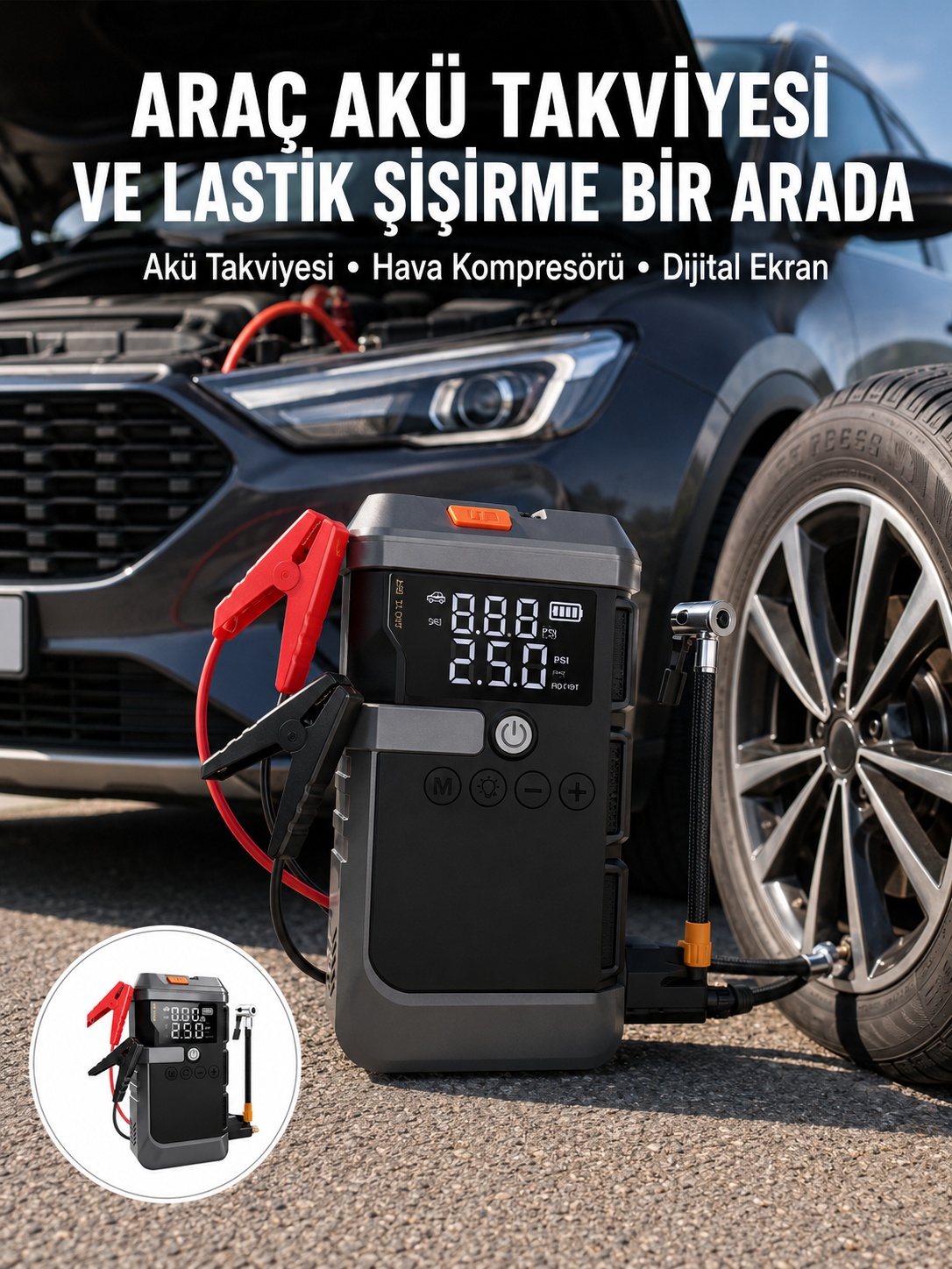 Araç İçin 4 Fonksiyonlu Akü Takviye ve Lastik Şişirme Cihazı - Lisinya