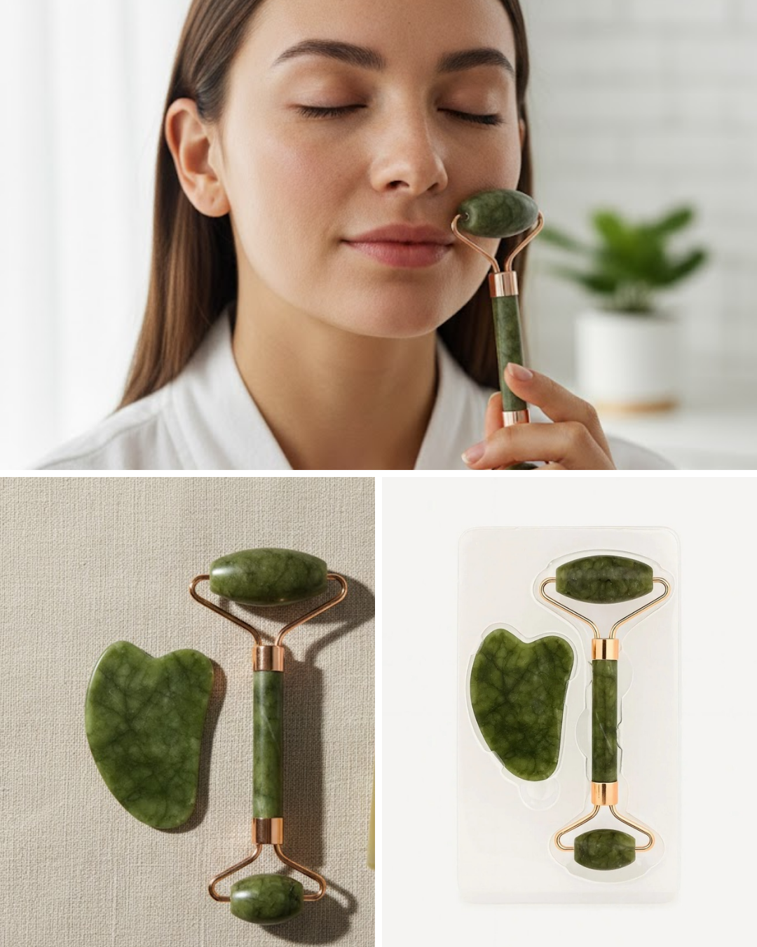 Doğal Yeşim Taşı Yüz Masaj Roller ve Gua Sha Seti 2 Parça - Lisinya