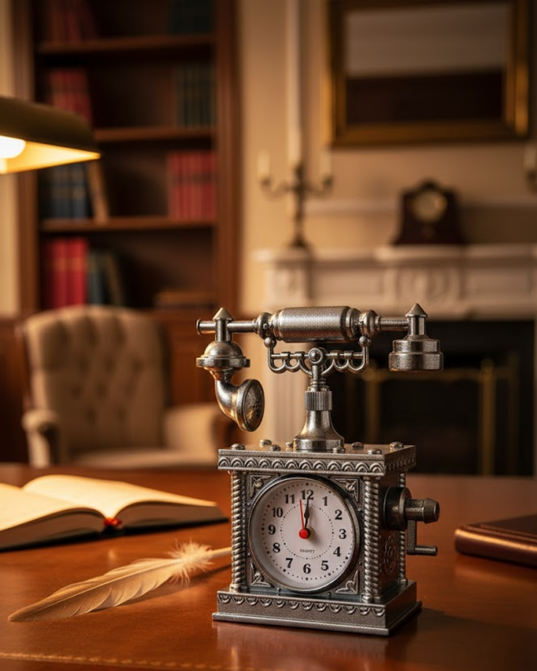 Vintage Telefon Tasarımlı Masa Saati ve Çalar Saat Dekoratif Model - Lisinya