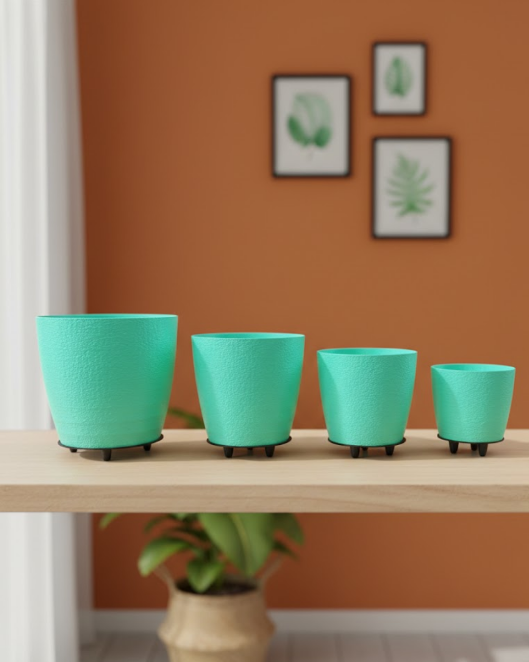 4’lü 3D Yeşil Dekoratif Vazo Seti Modern Ayaklı Şık Saksı Takımı - Lisinya