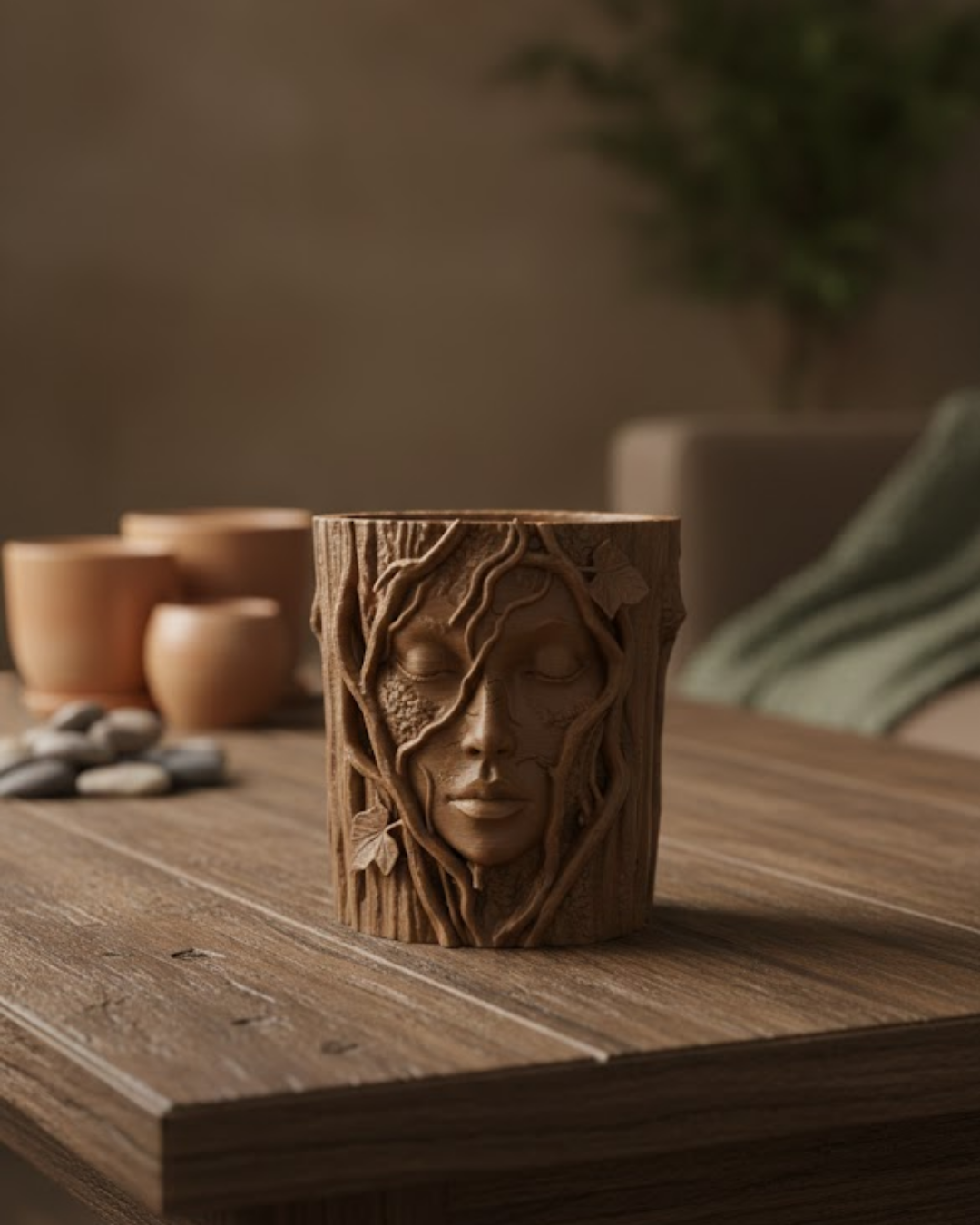 Doğa Temalı Yüz Detaylı Dekoratif Vazo 3D Ağaç Desenli Şık Saksı - Lisinya