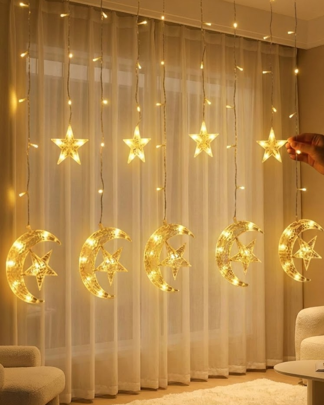 Hilal Yıldız Perde LED Işık 2 Modlu Sıcak Beyaz Dekoratif Aydınlatma - Lisinya
