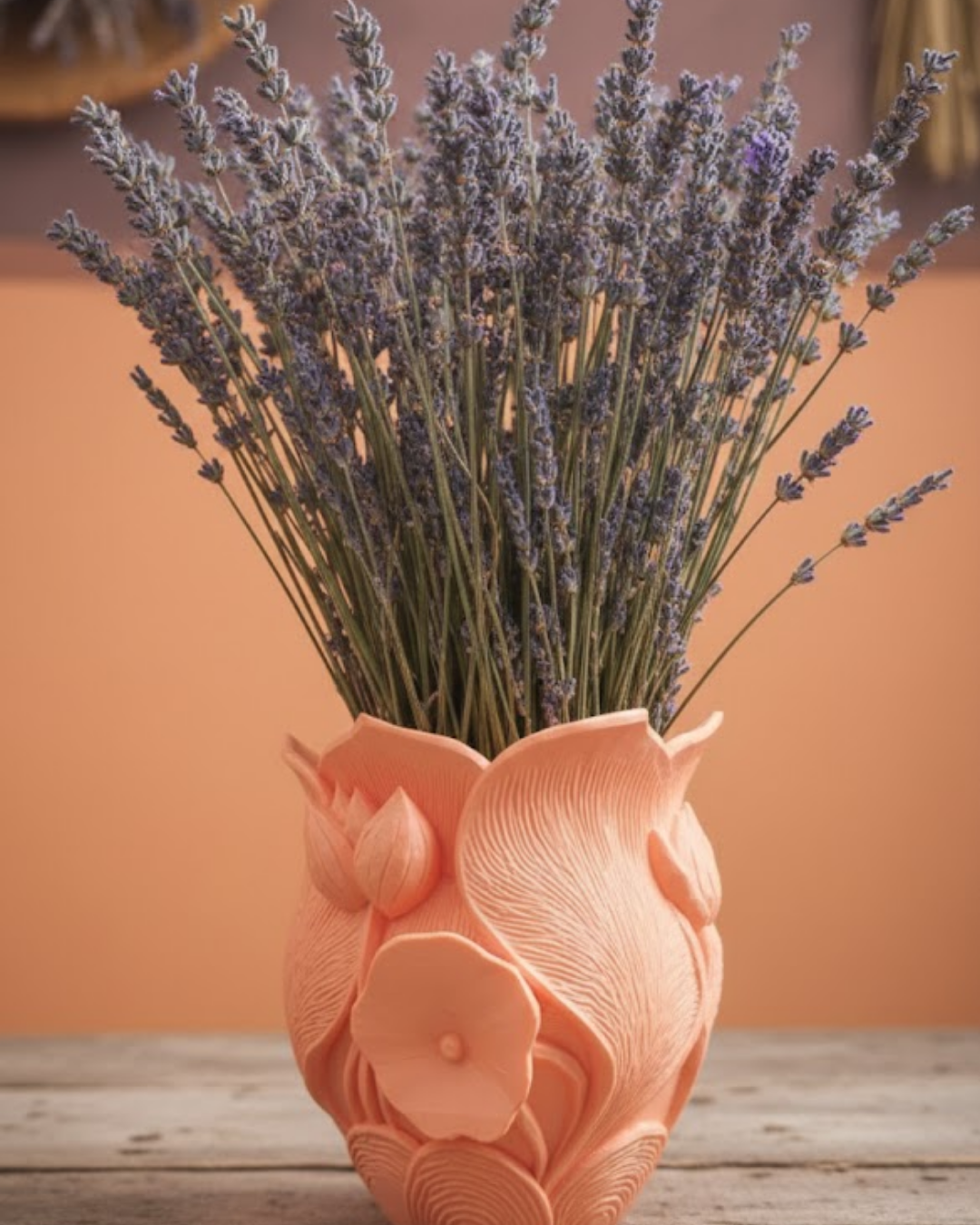 Turuncu Çiçek Desenli 3D Dekoratif Vazo Modern Masaüstü Aksesuar - Lisinya