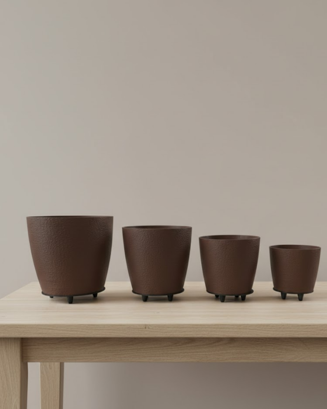 4’lü 3D Kahve Tonlu Ayaklı Saksı Seti Modern Dekoratif Vazo Takımı - Lisinya