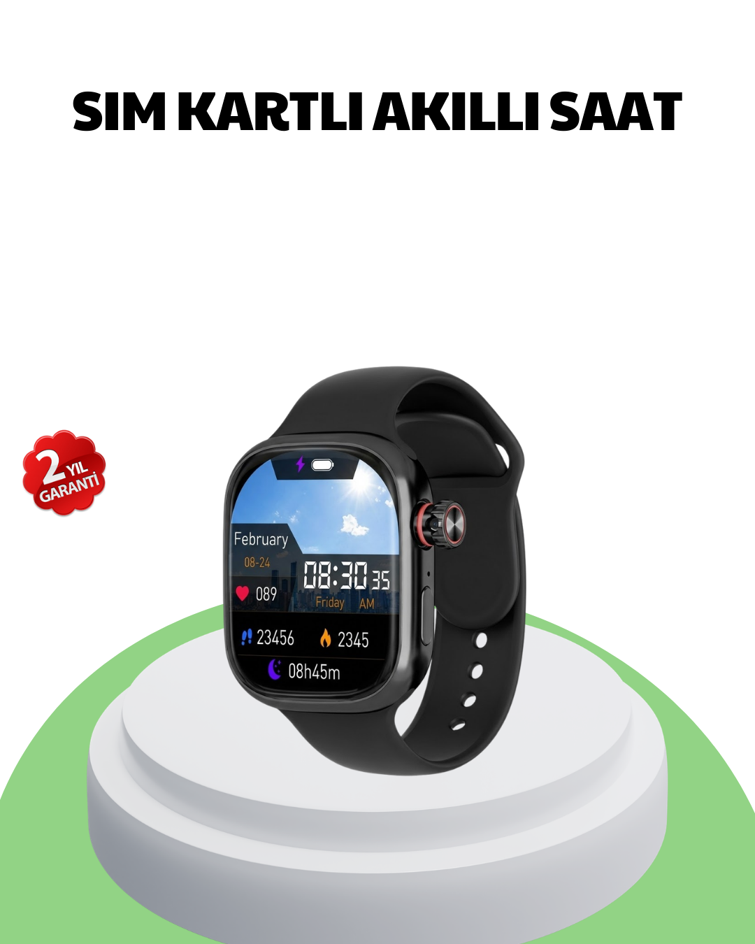 Sesli Arama Özellikli SIM Kartlı Siyah Akıllı Saat - Lisinya