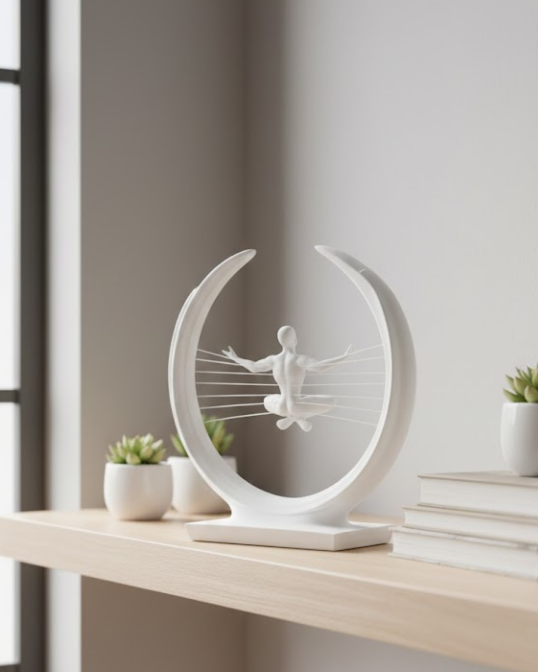 3D Zen Heykeli Beyaz Ay İçinde Meditasyon Figürü Dekoratif Obje - Lisinya