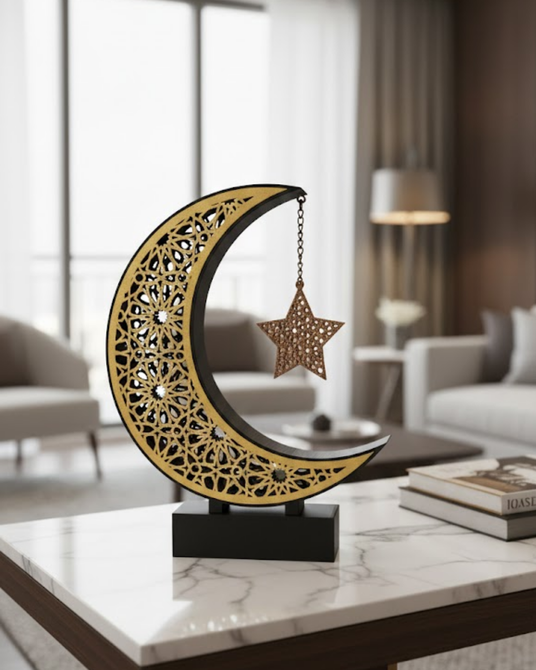 3D Hilal Yıldız Masa Üstü Dekor 23x23 cm Ramazan Konsept Tasarım - Lisinya