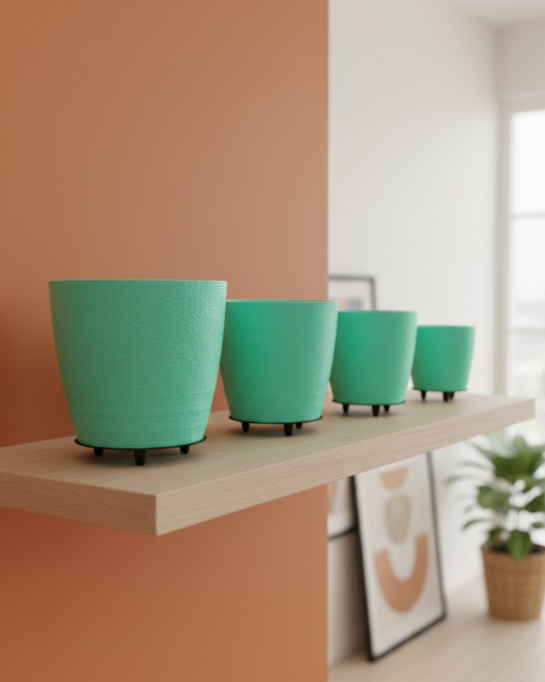 4’lü 3D Modern Yeşil Vazo Seti Dekoratif Ayaklı Saksı Takımı - Lisinya