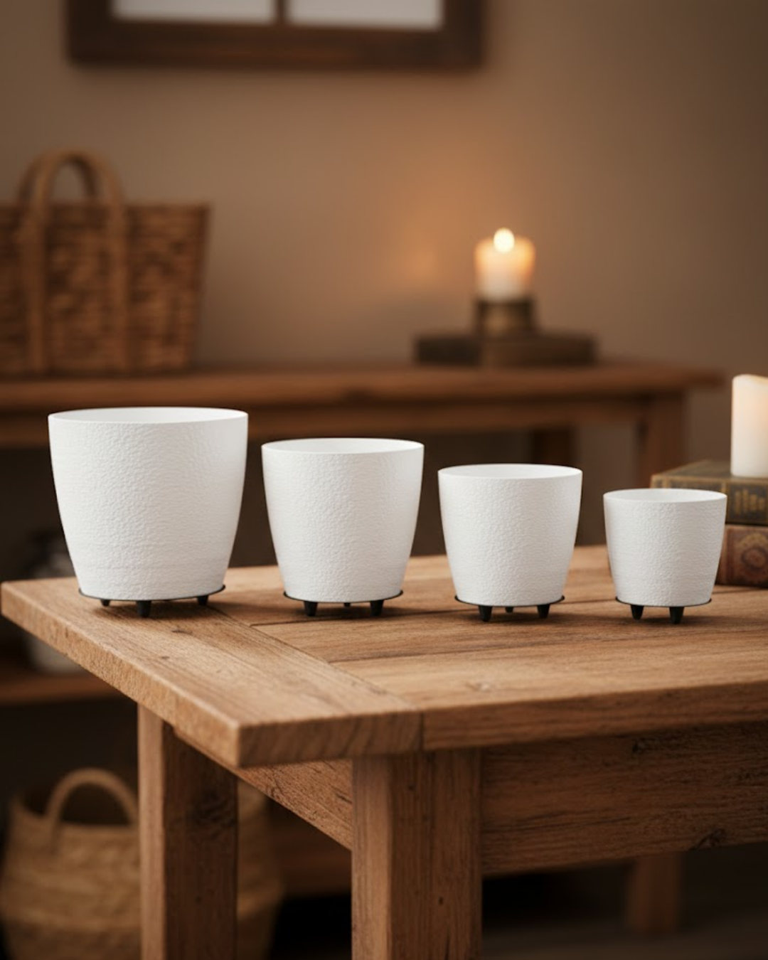 4’lü 3D Şık Beyaz Saksı Seti Modern Ayaklı Dekoratif Vazo - Lisinya