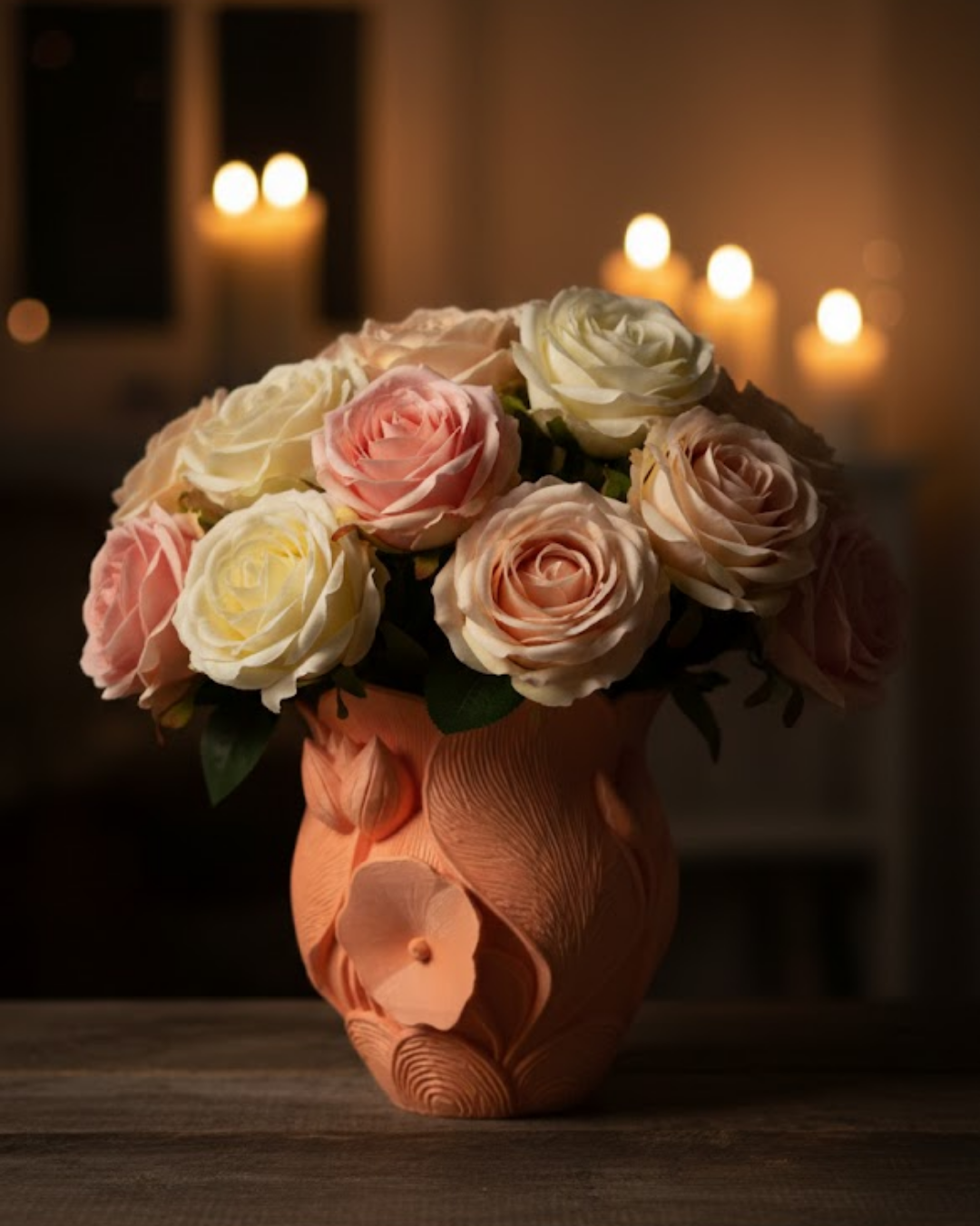 3D Kabartmalı Çiçek Motifli Turuncu Dekoratif Vazo - Lisinya