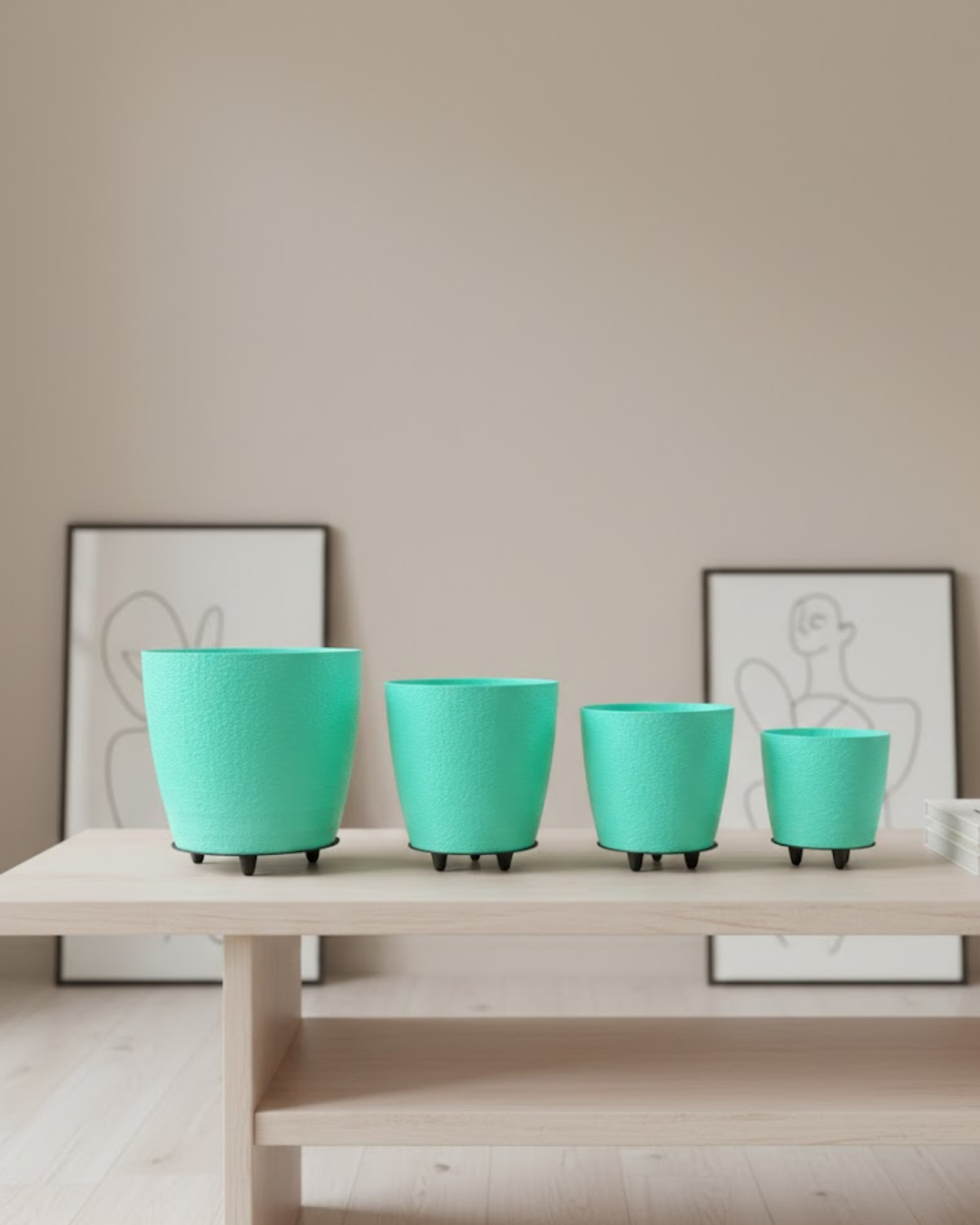 4’lü 3D Ayaklı Yeşil Saksı Seti Dekoratif Modern Tasarım - Lisinya