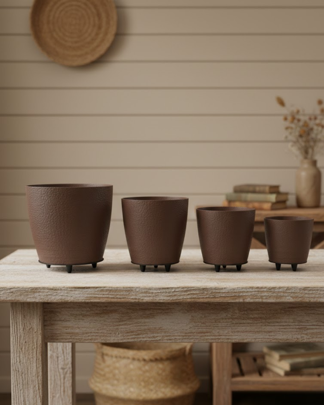 4’lü 3D Şık Kahverengi Vazo Seti Modern Ayaklı Saksı - Lisinya