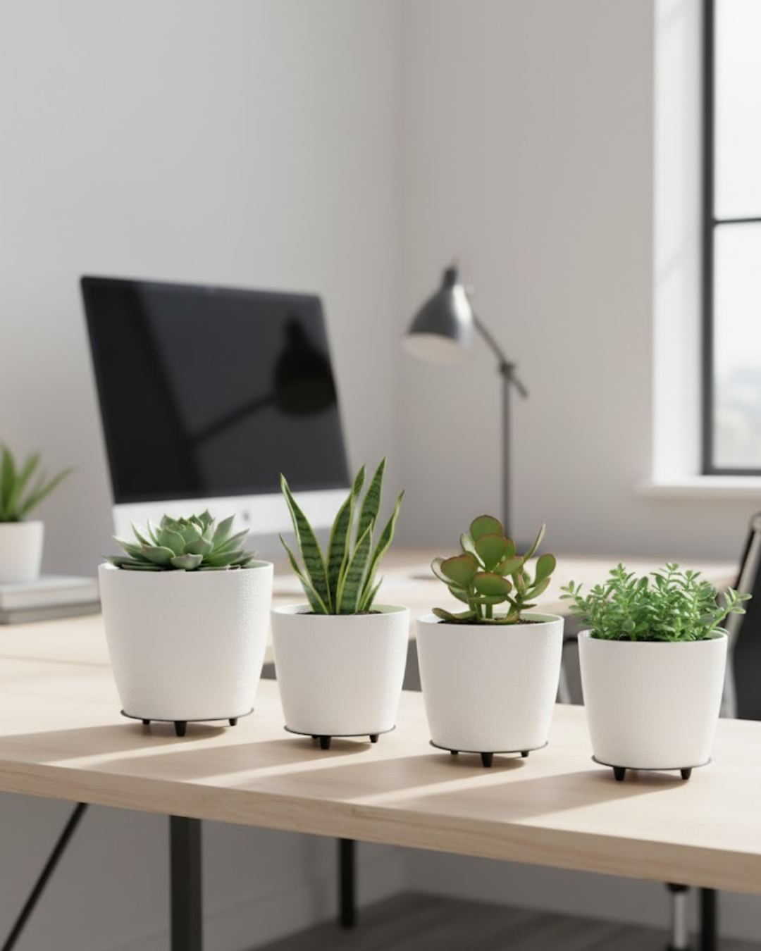 4’lü 3D Beyaz Minimal Dekoratif Vazo Ayaklı Saksı Takımı - Lisinya