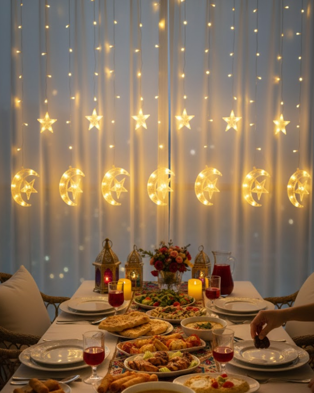 Sıcak Beyaz Ay Yıldız Işık Zinciri Parti Düğün Ramazan Dekoru - Lisinya