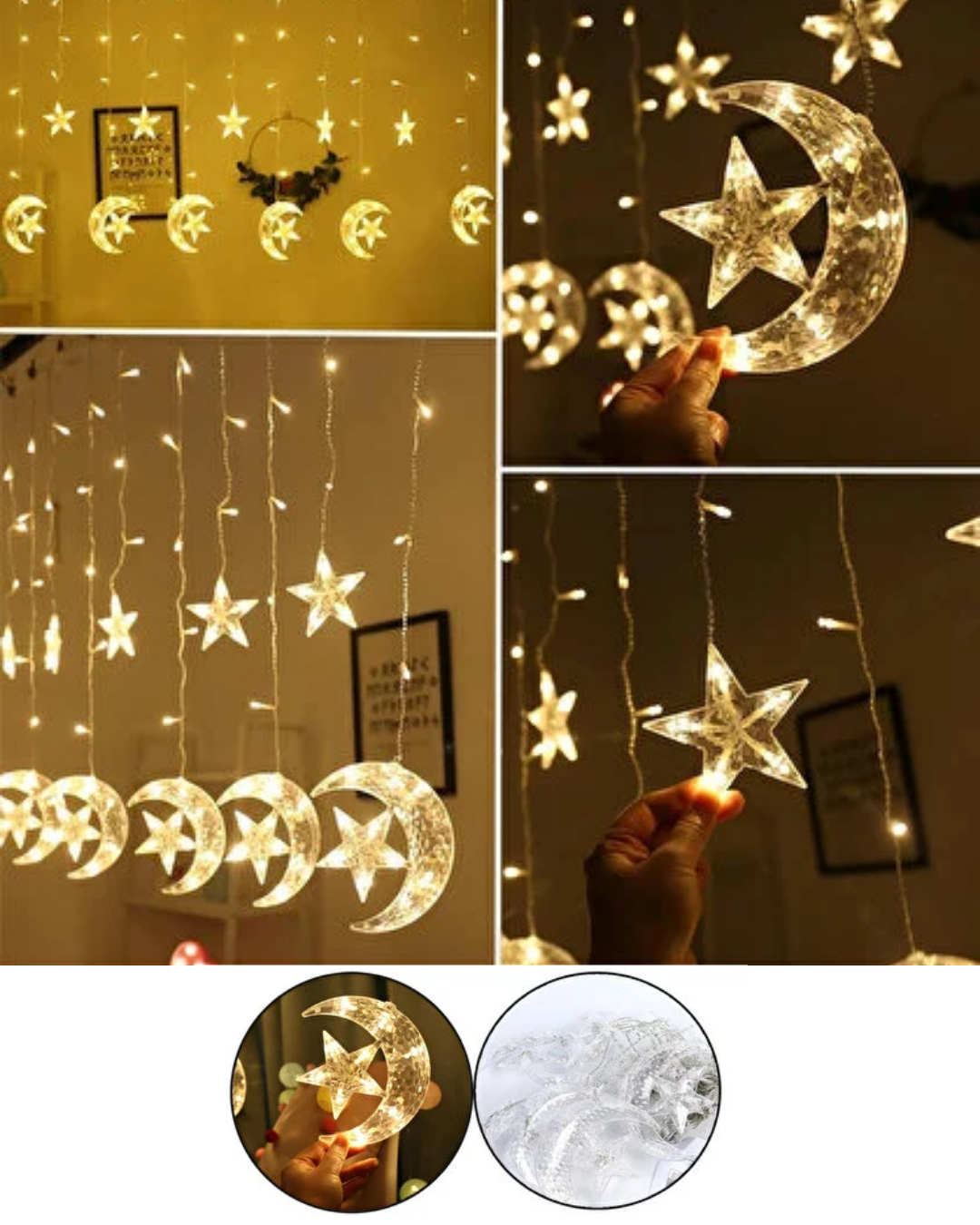 Hilal Yıldız Perde LED Işık 2 Modlu Sıcak Beyaz Dekoratif Aydınlatma - Lisinya