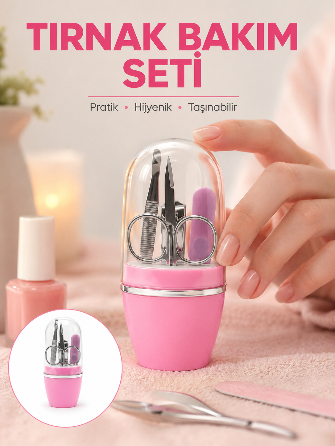 Tırnak Bakım Manikür Pedikür Seti 4 Parça Pembe Minimal ve Dayanıklı - Lisinya