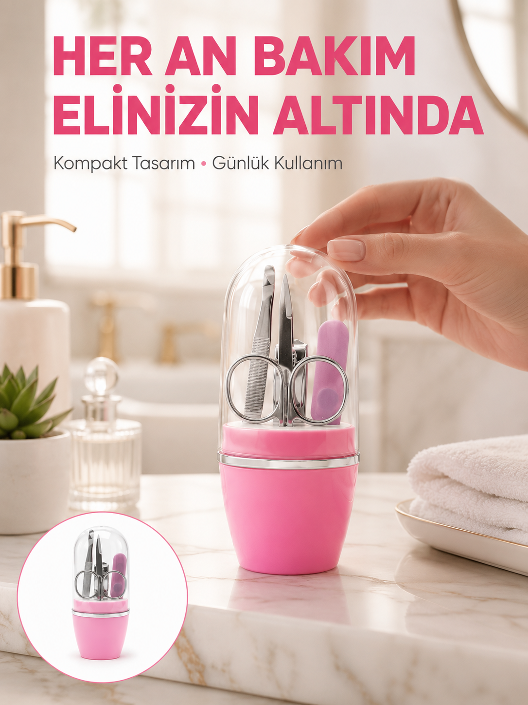 Tırnak Bakım Manikür Pedikür Seti 4 Parça Pembe Pratik Günlük Kullanım - Lisinya