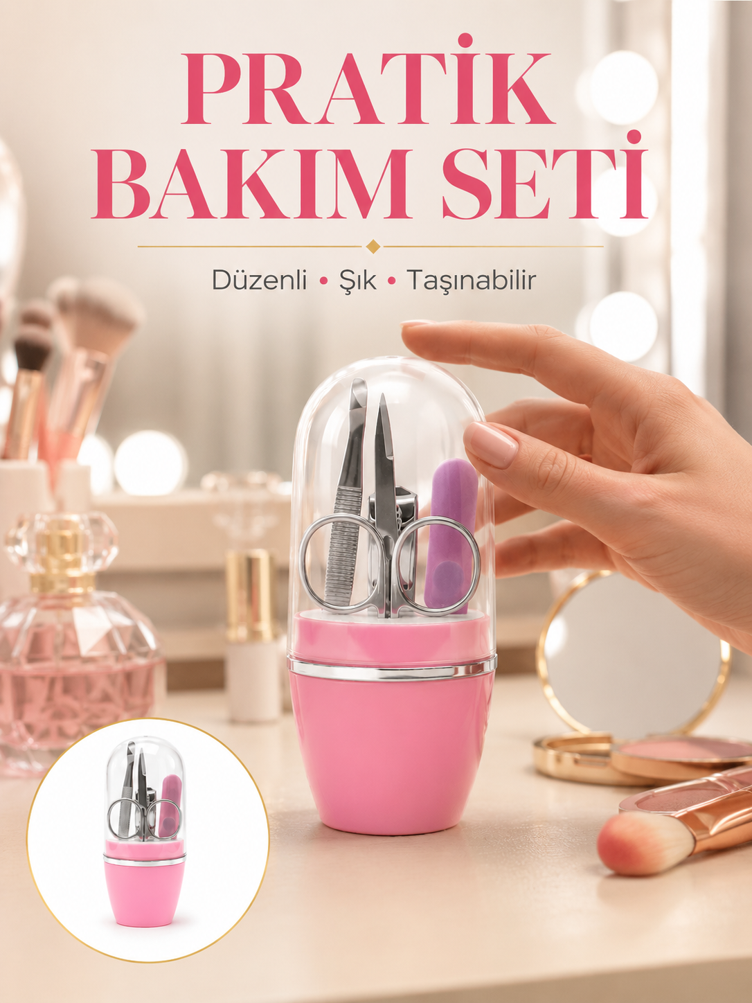 Tırnak Bakım Manikür Pedikür Seti 4 Parça Pembe Ev ve Seyahat Uyumlu - Lisinya