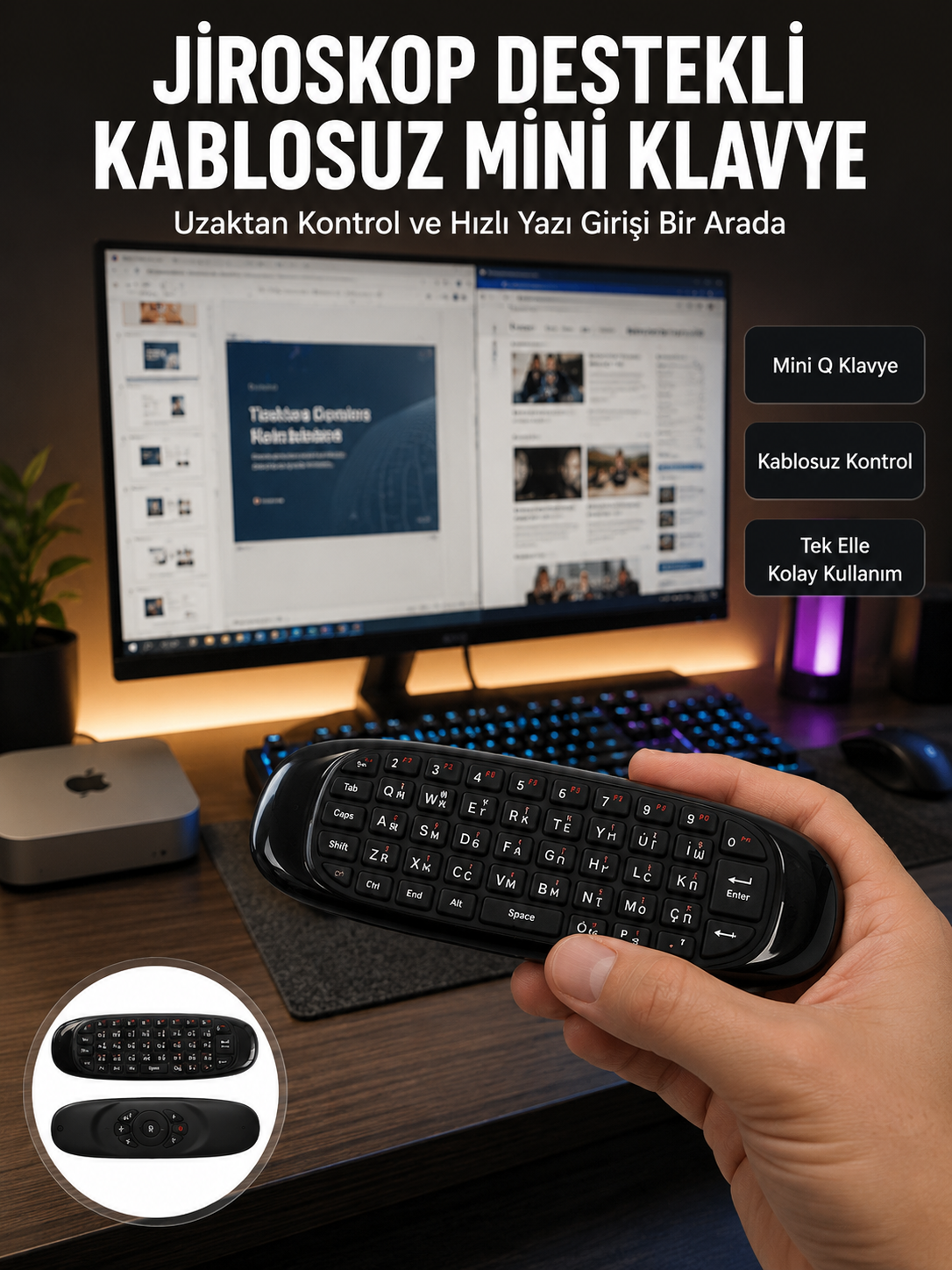 Kablosuz Hava Fareli Mini Klavye Jiroskop Destekli Uzaktan Kumanda Yeni Nesil - Lisinya