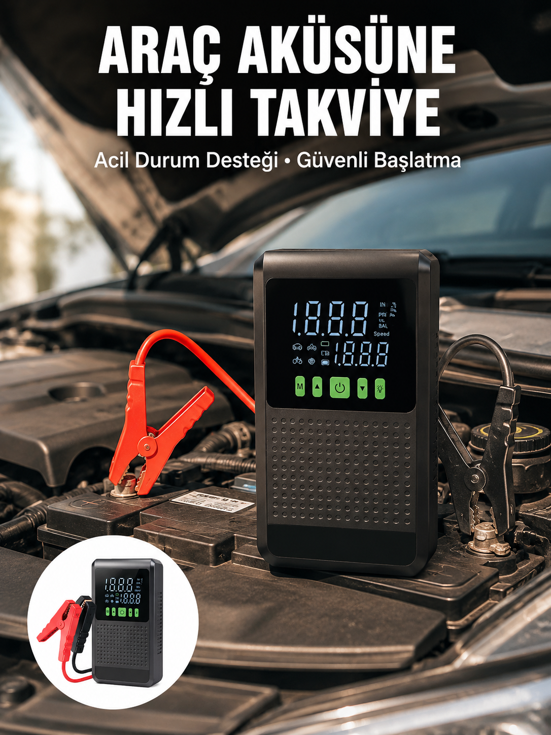 Araç İçin Akü Takviye Cihazı ve Kablosuz Hava Kompresörü - Lisinya