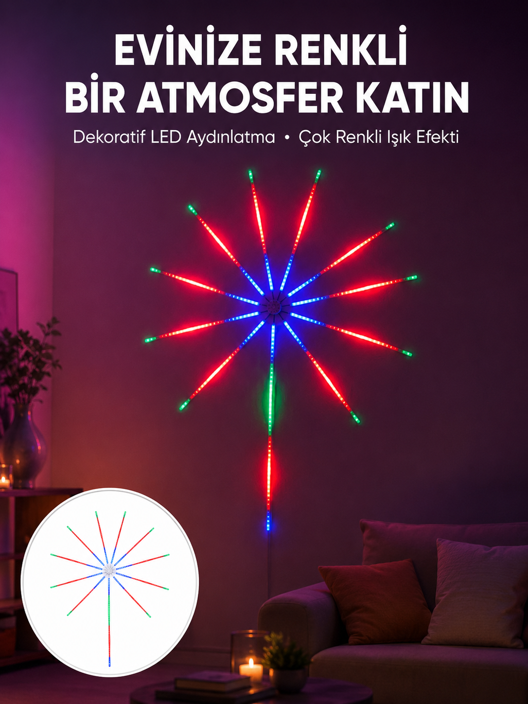 Uygulama Destekli RGB LED Havai Fişek Duvar Aydınlatması - Lisinya Uygulama Destekli RGB LED Havai Fişek Duvar Aydınlatması - Lisinya