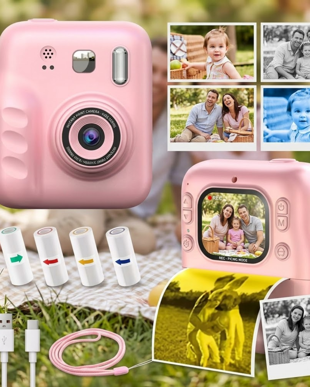 Çocuk Dijital Fotoğraf Makinesi Anında Baskı ve HD Video Kayıt Özellikli 5 kalem ve 4 rulo kağıt hediye - Lisinya