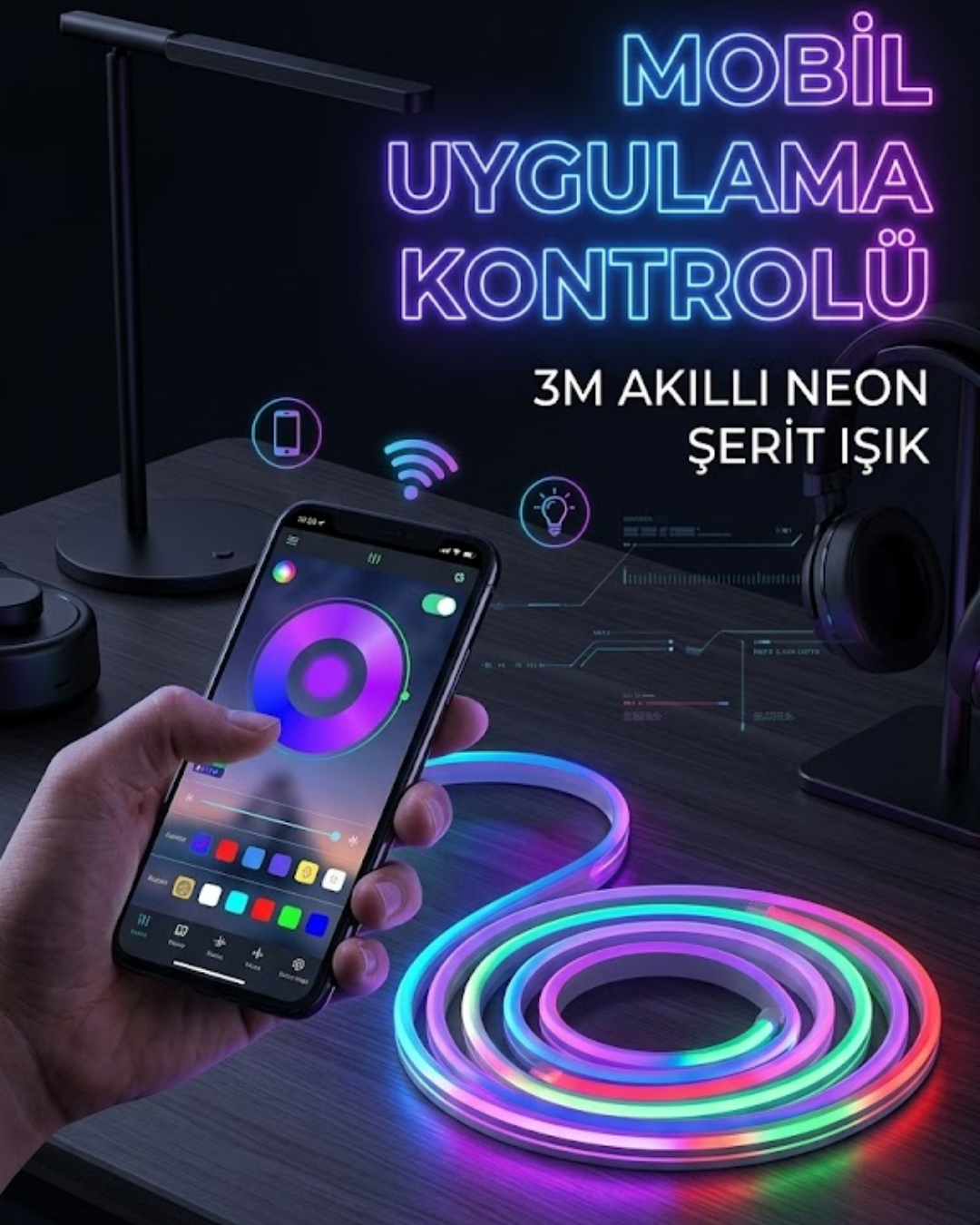 3 Metre RGB Neon LED Şerit Işık Su Geçirmez Kumandalı ve Uygulama Kontrollü Dekoratif Aydınlatma - Lisinya