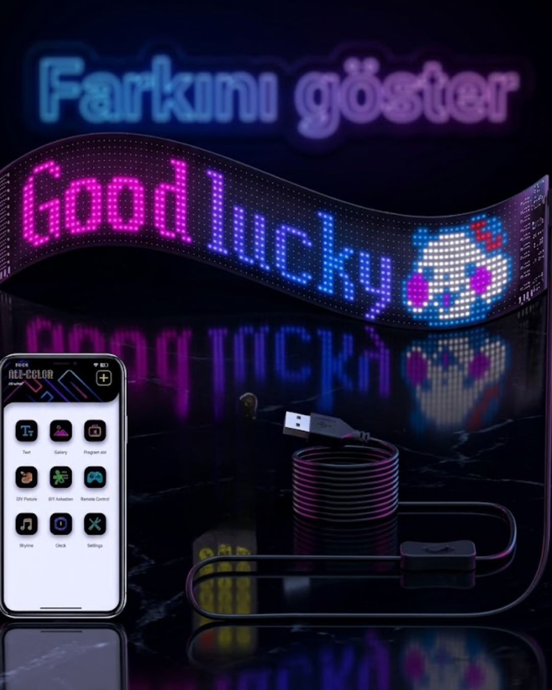 16x96 RGB LED Matrix Panel 60 cm Esnek Yapı Uygulama Kontrollü Kayan Yazı Ekranı - Lisinya