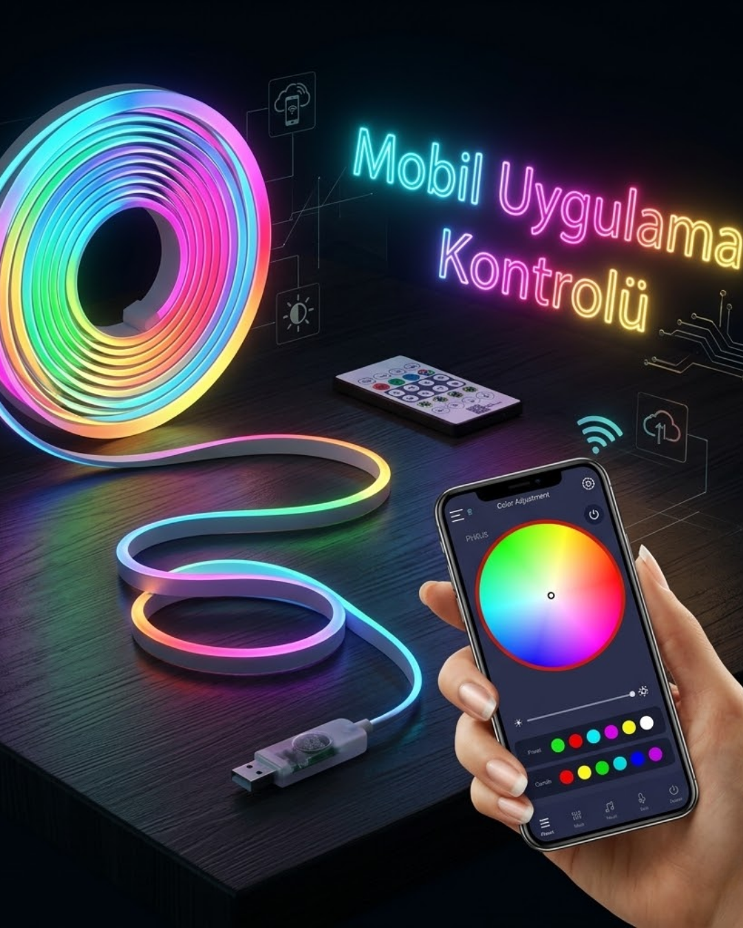 Akıllı RGB LED Neon Şerit Işık 3M USB Bağlantılı Uzaktan Kumanda ve Mobil Uygulama Kontrolü - Lisinya