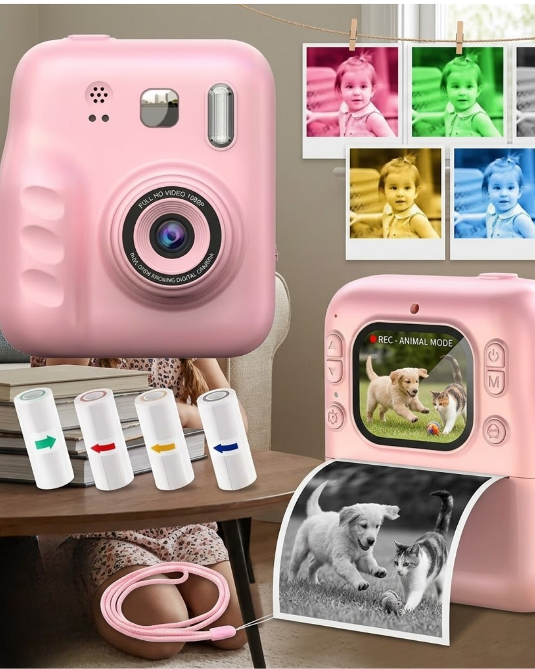 Çocuklar İçin Anında Baskılı Kamera 4 Rulo Kağıt ve 5 Renk Kalem Hediyeli - Lisinya